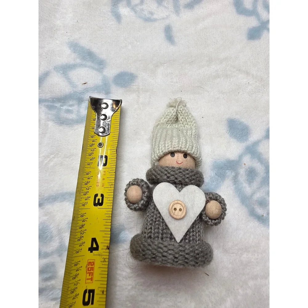 Handmade Wooden Peg Doll Ornament Knit Grey Sweater Heart Button Christmas Decor